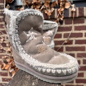 Mou Kids Boots with Star Embroidery - Brown and Cream